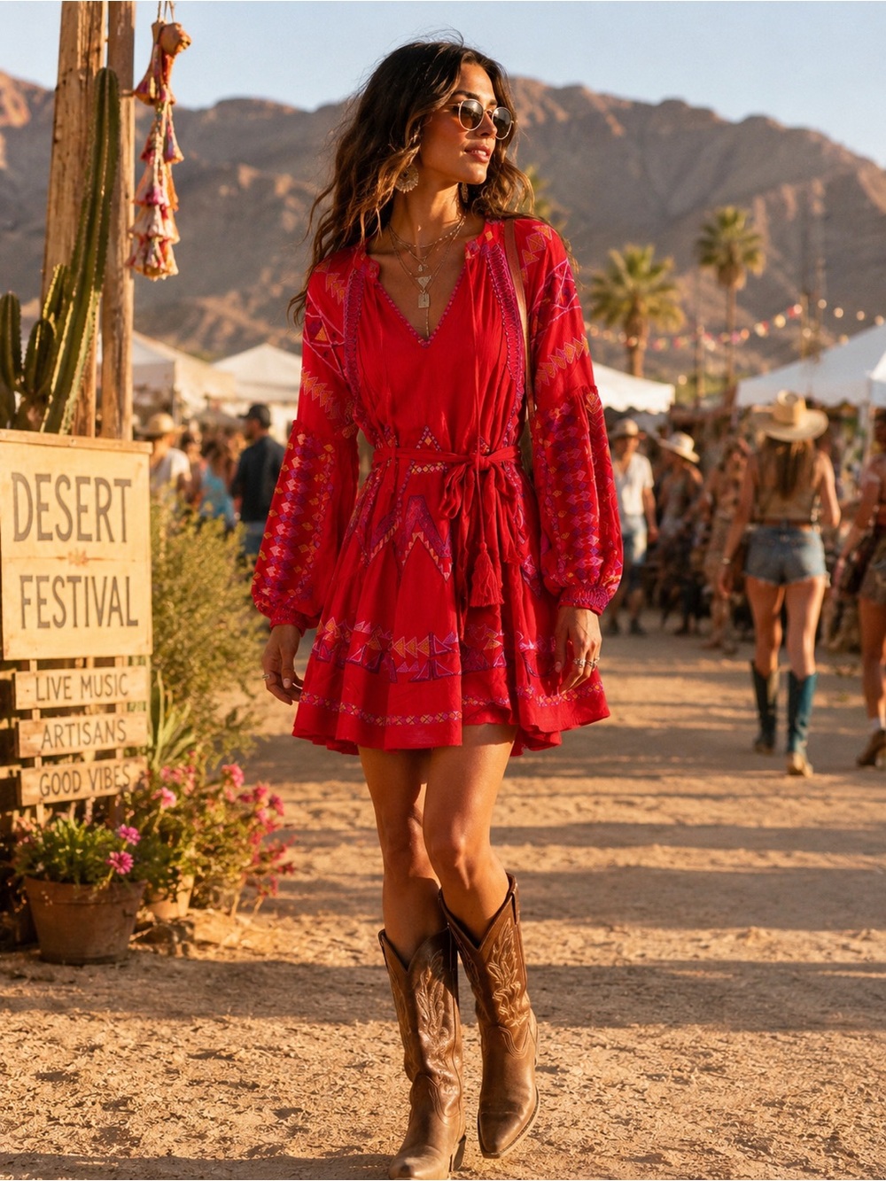 Hale Bob Red Embroidered Long-Sleeve Midi Dress NWT
